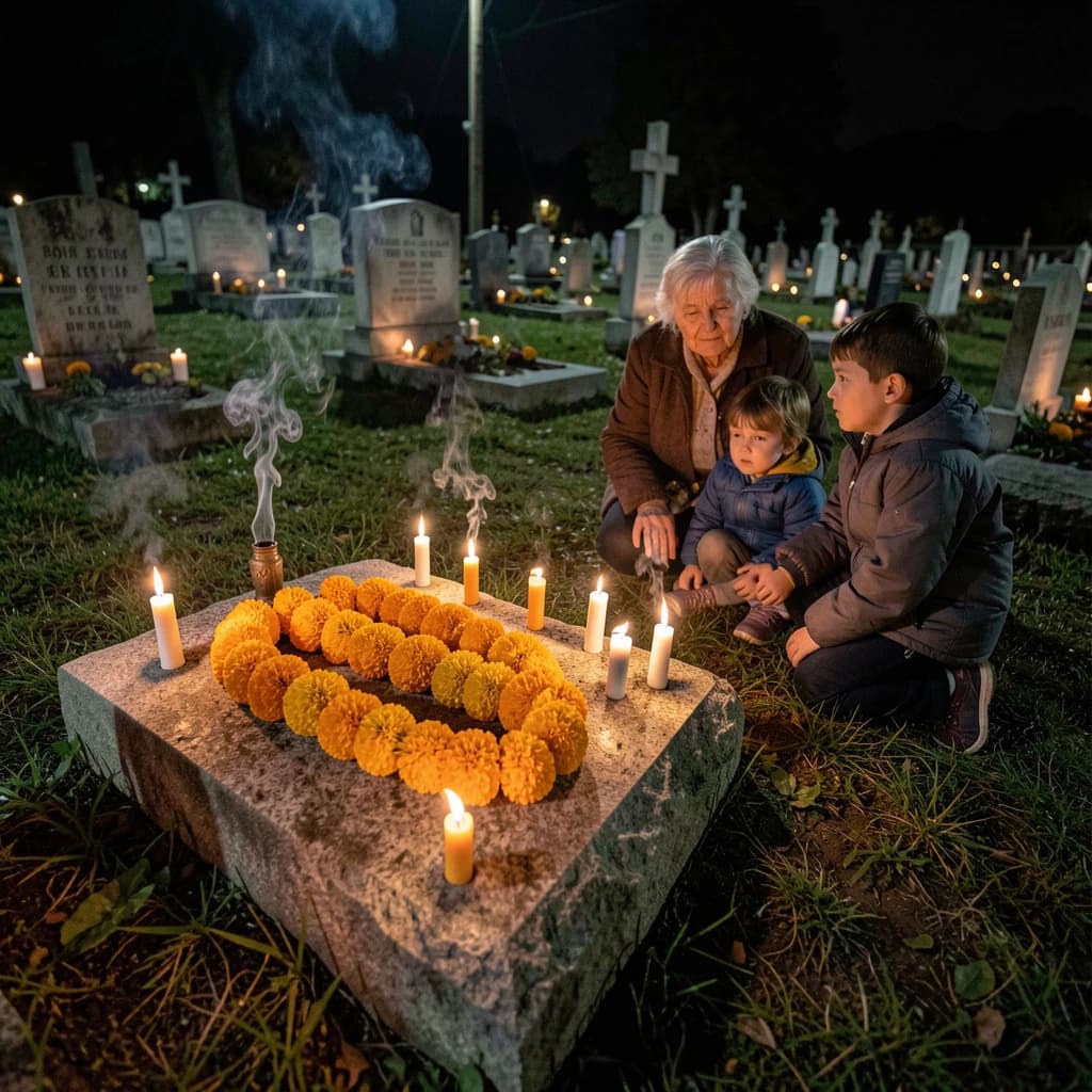 Photojournalism frame from a cemetery vigil at night: one grave slab carrying seven marigold garlands and nine lit candles, three of the candles guttered out and smoking, a grandmother and two children kneeling along the near edge.