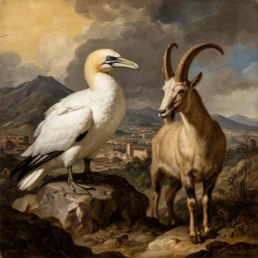 Gannet and Chamois in Bogotá, Colombia in the style of baroque