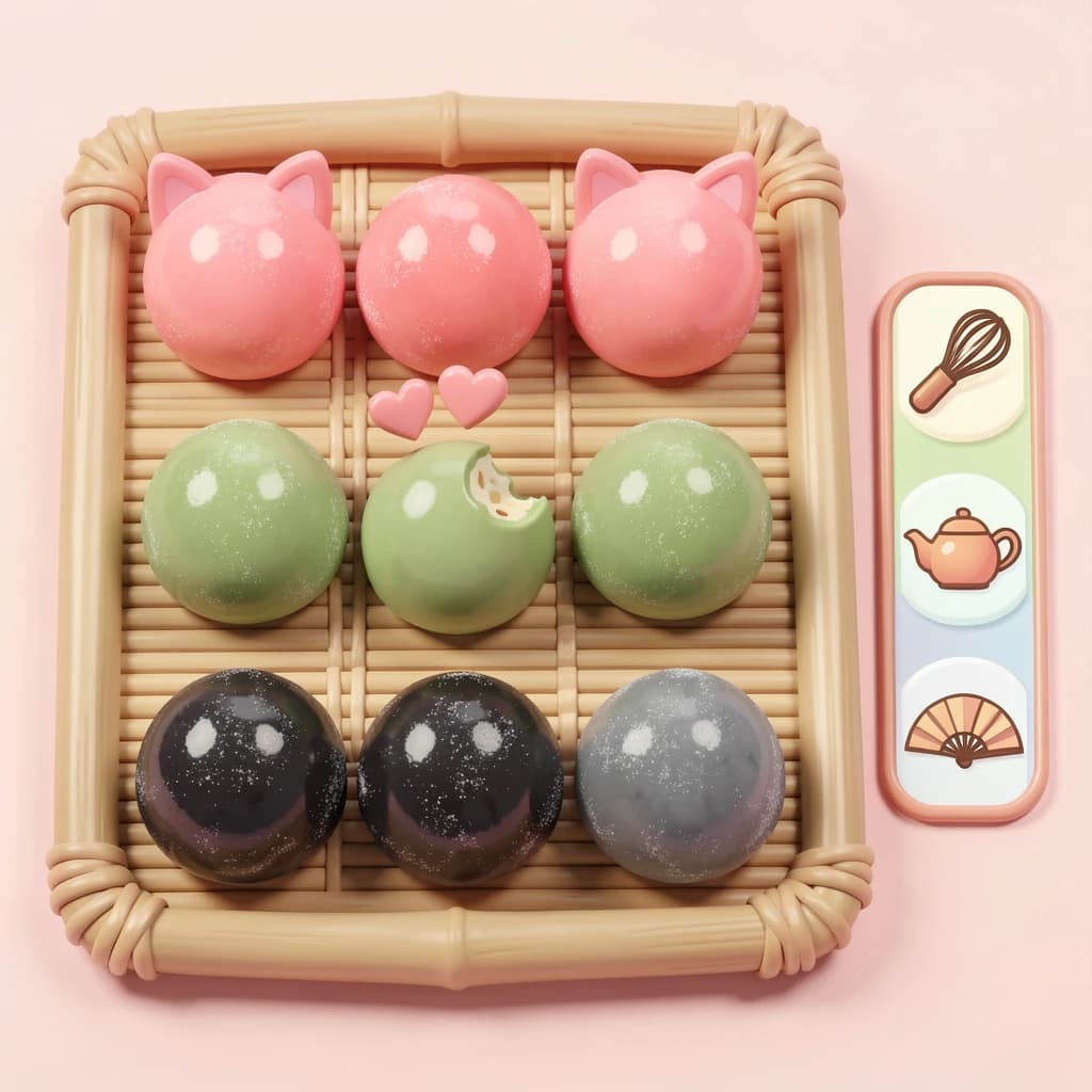 Match three board for a cozy sweets game, cute stylized 3D animation look. Nine mochi in a three by three grid on a bamboo tray: the top row strawberry pink, the middle row matcha green, the bottom row black sesame grey. The center green one has a bite taken out and a small heart icon floating above it. Two of the pink mochi wear tiny cat ears. To the right of the tray, a vertical strip of three power up icons, a whisk, a teapot and a fan. Soft pastel lighting, glossy dusted surfaces.