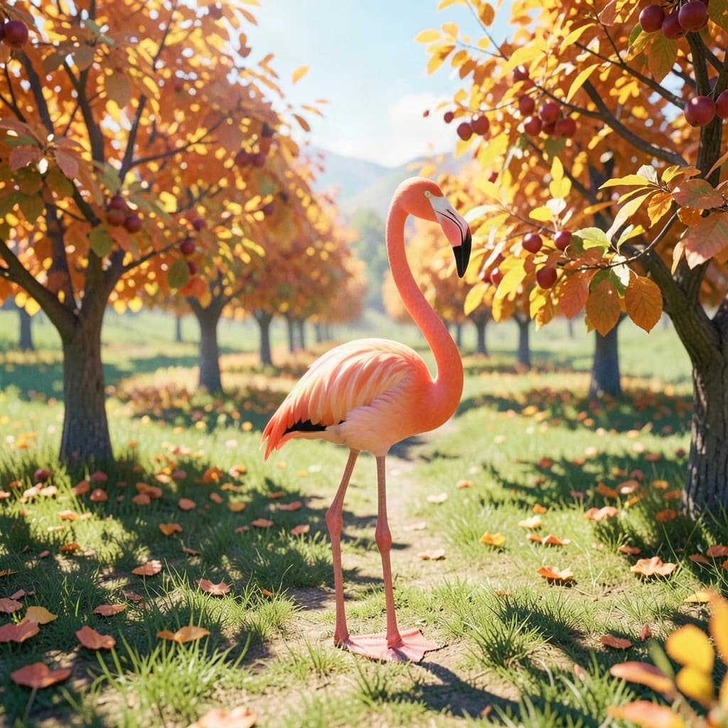 flamingo, autumn orchard, bright midday sun, telephoto compression, isometric 3D, subtle texture