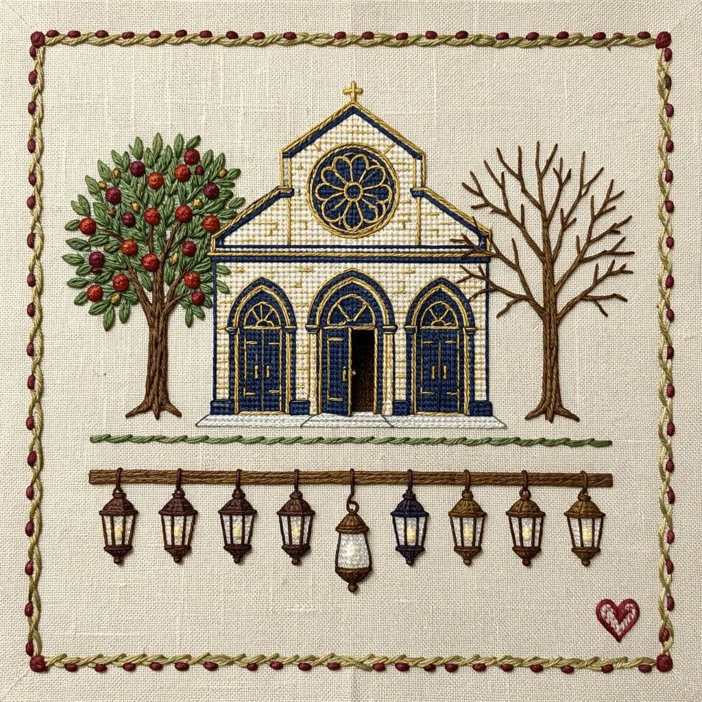 Pin stitched as a cross stitch sampler on natural linen, chunky visible stitches. Center: a synagogue front elevation in deep blue and gold thread, a rose window above three arched doors, the middle door taller and standing open while the two outer doors are closed. Two stitched olive trees flank the building, the left one heavy with fruit and the right one bare. Along the bottom, nine stitched lamps hang from a stitched beam with the middle lamp hanging lower than the rest. A narrow pomegranate border runs all the way around, with a small stitched heart in the bottom right corner.