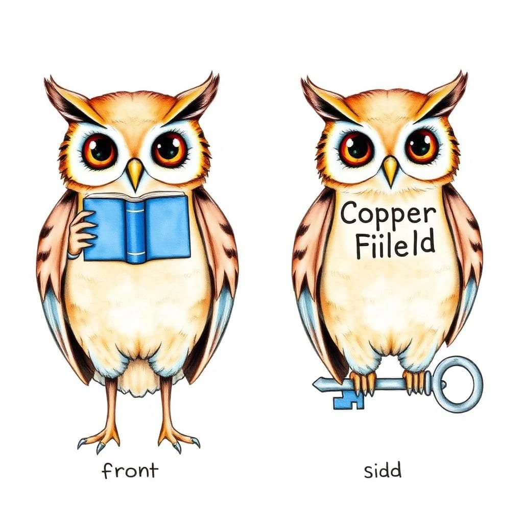 Watercolor of the same bookstore owl mascot drawn in two views, captioned "front" and "side", every view carrying the wordmark "Copper Field" with a key silhouette beside it in the same blue-and-silver coloring, only the angle changing.