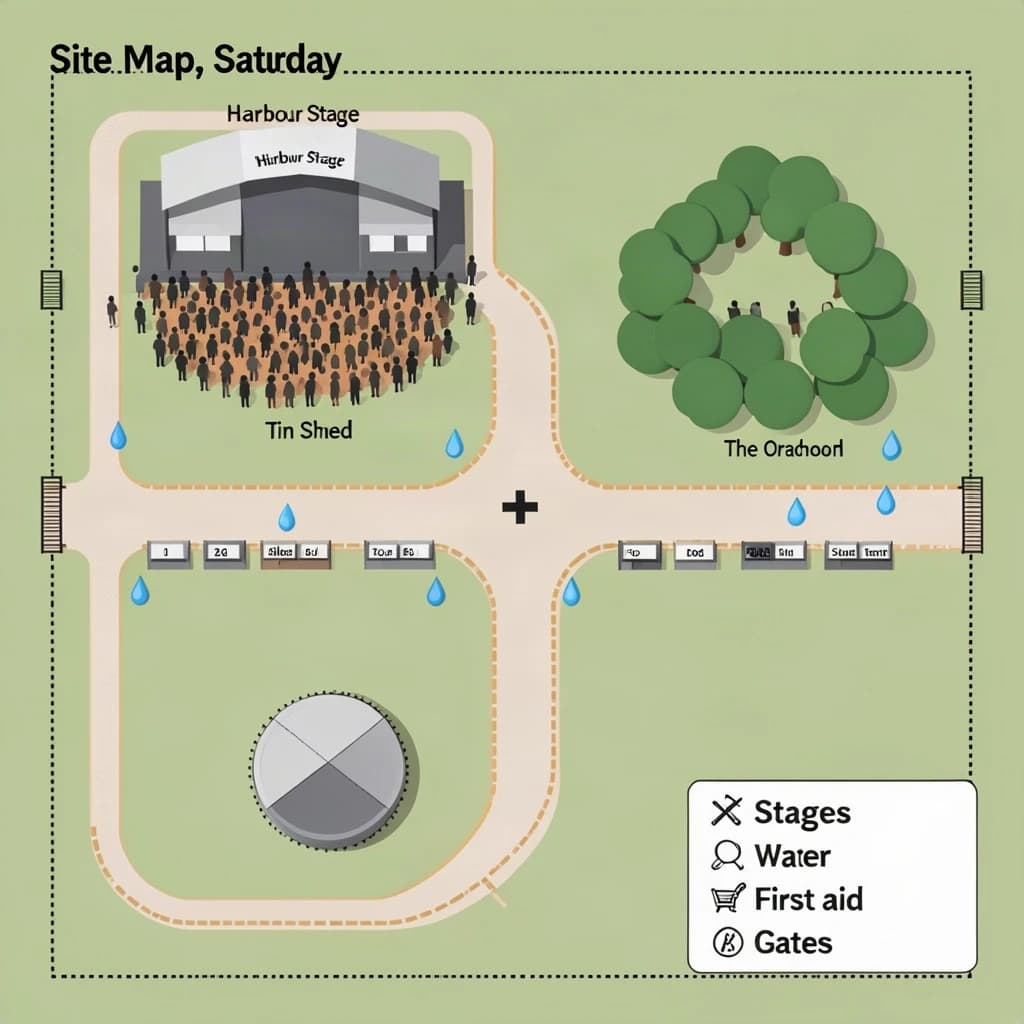 Festival site map in flat editorial infographic style, bird's eye, flat colour blocks on a sage green field inside a dotted perimeter fence.
Four stages: the main "Harbour Stage" along the north edge with a wide crowd shape in front of it, "Tin Shed" on the east, "The Orchard" on the west inside a cluster of round tree canopies, and a small circular "Silent Tent" at the south west corner with no crowd shape around it.
Two food streets run east to west between the stages, the northern one with nine numbered stalls and the southern one with six. Three water points marked by blue droplets sit one beside each of the first three stages. A single first aid cross sits where the two food streets meet the central path.
A gravel path loops the whole site as a dashed ochre line, with entrance gates on the south and east sides only.
A legend box in the lower right lists "Stages", "Food", "Water", "First aid" and "Gates", each with its own symbol. Title at the top left reads "Site Map, Saturday".