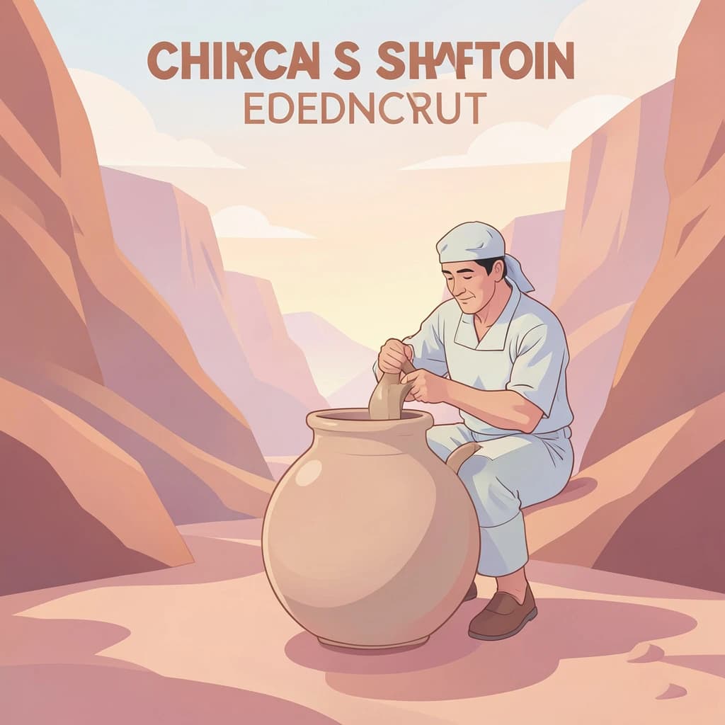 Poster illustration of a potter in a desert canyon, soft gradient fills, smooth vector finish, pastel palette.