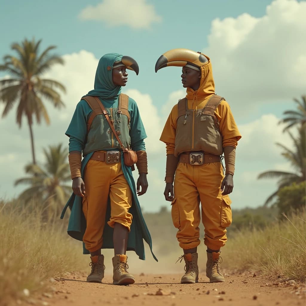 Jacamar and Mollie in Dodoma, Tanzania in the style of futurism