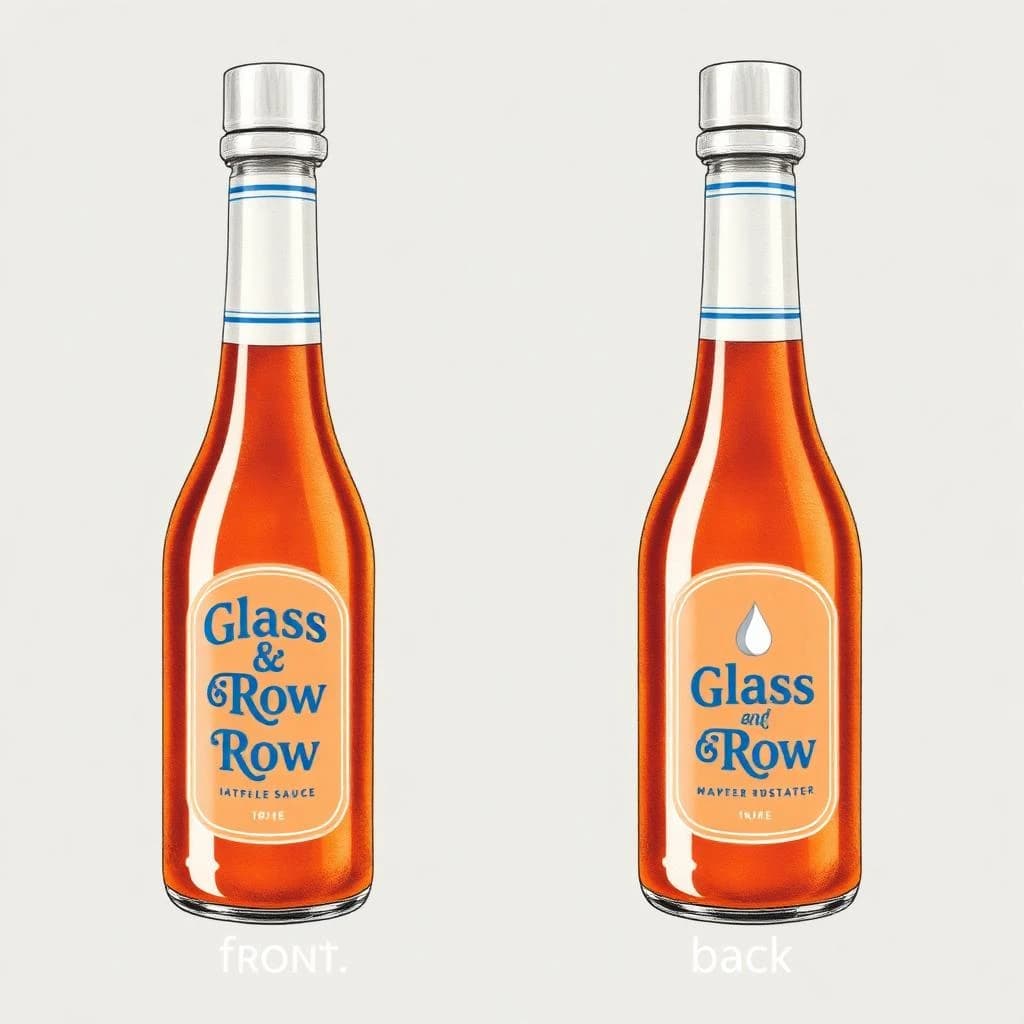 Printed poster of the same hot-sauce bottle drawn in two views, captioned "front" and "back", every view carrying the wordmark "Glass & Row" with a single droplet symbol beside it in the same blue-and-silver coloring, only the angle changing.