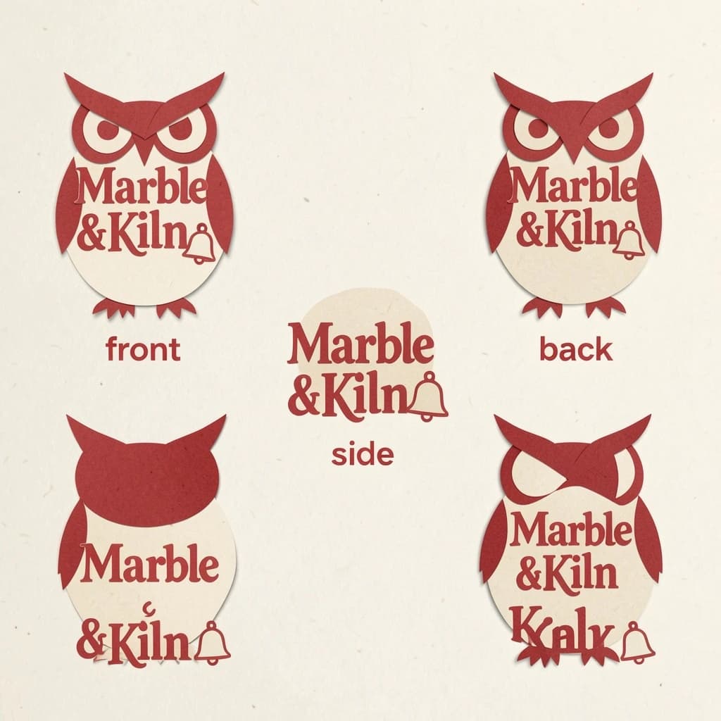 Cut-paper collage of the same bookstore owl mascot drawn in three views, captioned "front", "side" and "back", every view carrying the wordmark "Marble & Kiln" with a small bell outline beside it in the same red-and-cream coloring, only the angle changing.