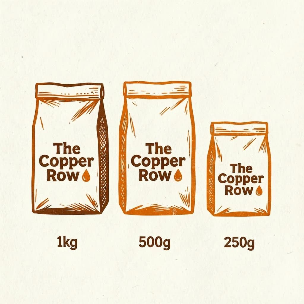 Linocut print: one coffee bag in three sizes. The sizes are captioned "1kg", "500g" and "250g" in that order. The wordmark "The Copper Row" appears on every size with a single droplet symbol beside it. The orange-and-brown coloring is the same across every size, and only the bag size changes.