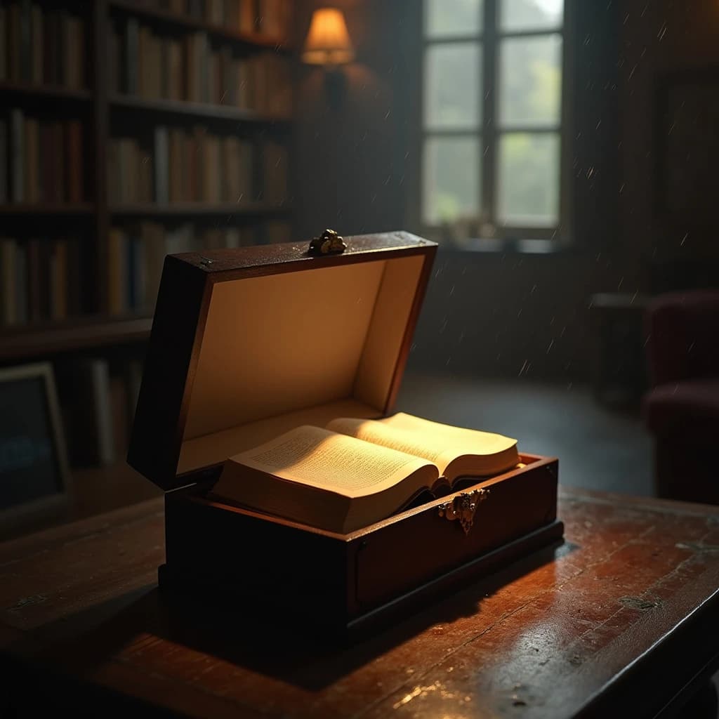 The quiet second when a music box takes on a thin rim of warm light, in a quiet library, in light rain.
