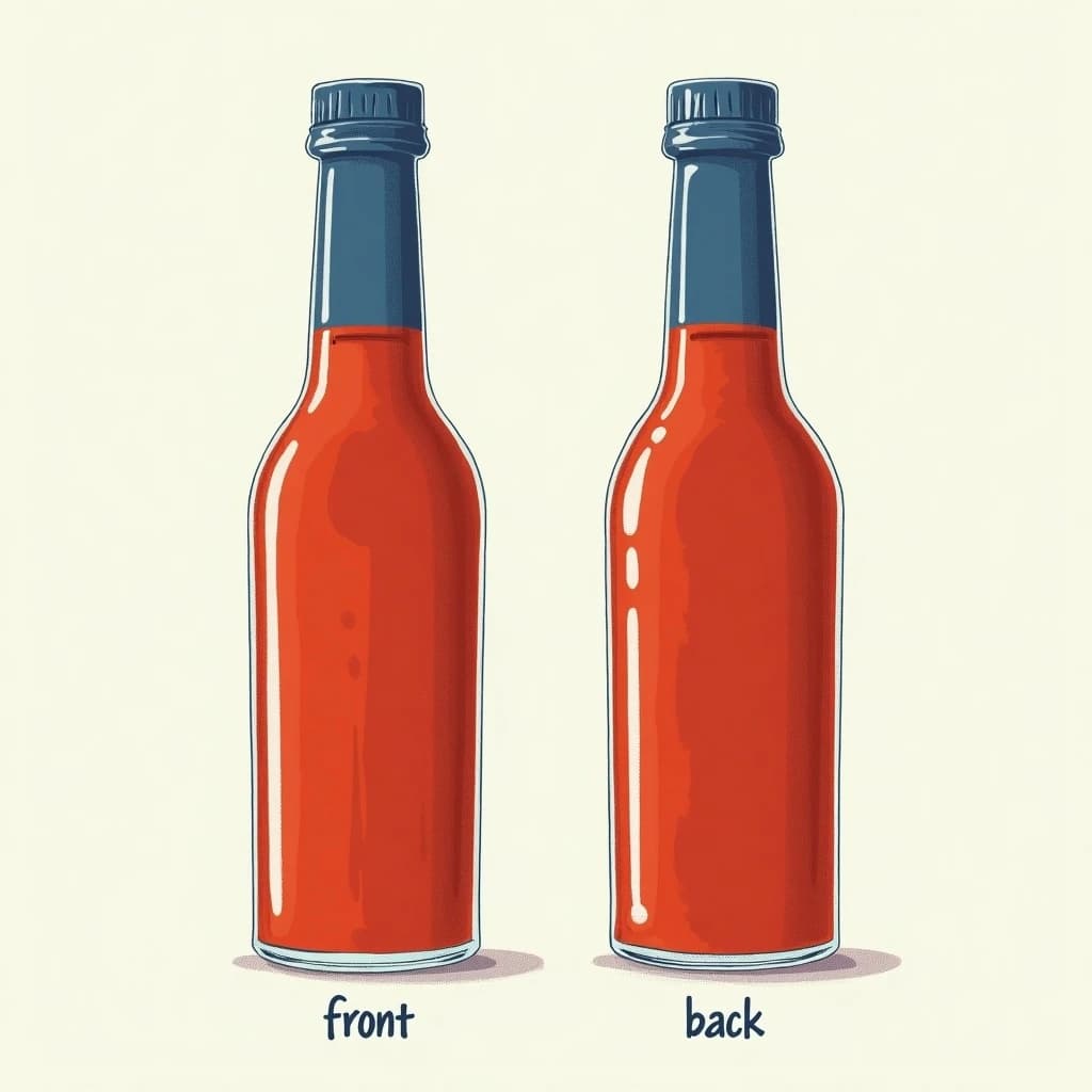 Printed poster of the same hot-sauce bottle drawn in two views, captioned "front" and "back", every view carrying the wordmark "Glass & Row" with a single droplet symbol beside it in the same blue-and-silver coloring, only the angle changing.