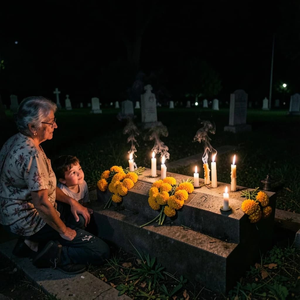 Photojournalism frame from a cemetery vigil at night: one grave slab carrying seven marigold garlands and nine lit candles, three of the candles guttered out and smoking, a grandmother and two children kneeling along the near edge.