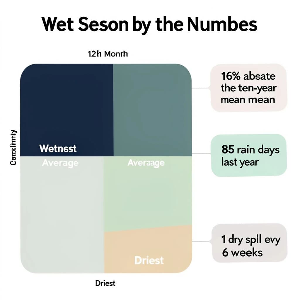 Flat vector illustration titled "Wet Season by the Numbers". A twelve-month rainfall timeline sits at the center, carrying three keyed regions, "Wettest" shaded dark blue, "Average" shaded pale green and "Driest" shaded sand. Three stat chips run down a right column, reading "16% above the ten-year mean", "85 rain days last year" and "1 dry spell every 6 weeks". Each key color matches the shading of the region it names.