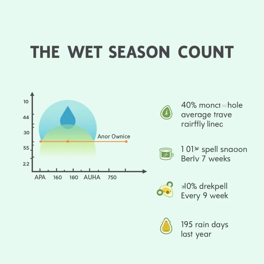 Flat vector illustration titled "The Wet Season Count": at the center a twelve-month rainfall timeline, carrying two keyed regions, "Average" shaded pale green and "Wettest" shaded dark blue, beside a right column of three stat chips reading "40% above the ten-year mean", "1 dry spell every 9 weeks" and "195 rain days last year".