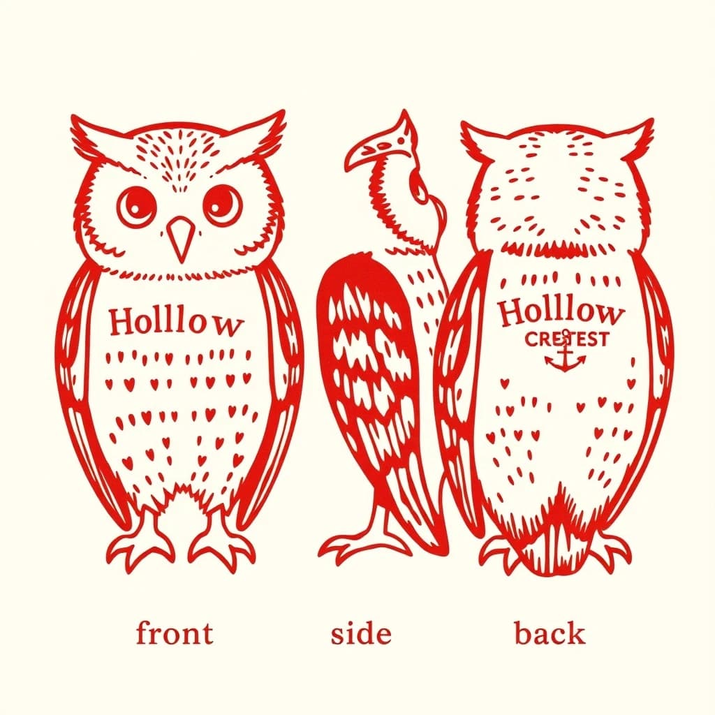 Linocut print: one bookstore owl mascot in three views. The views are captioned "front", "side" and "back" in that order. The wordmark "Hollow Crest" appears on every view with a small anchor mark beside it. The red-and-cream coloring is the same across every view, and only the angle changes.