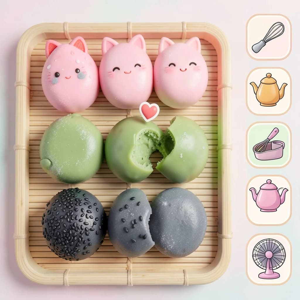 Match three board for a cozy sweets game, cute stylized 3D animation look. Nine mochi in a three by three grid on a bamboo tray: the top row strawberry pink, the middle row matcha green, the bottom row black sesame grey. The center green one has a bite taken out and a small heart icon floating above it. Two of the pink mochi wear tiny cat ears. To the right of the tray, a vertical strip of three power up icons, a whisk, a teapot and a fan. Soft pastel lighting, glossy dusted surfaces.