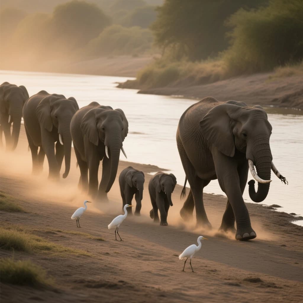 Wildlife photograph for a conservation campaign: a herd crossing a dusty riverbed in low sun. Seven elephants walking left to right, three adults flanking on the outside and two calves tucked between them, one adult trailing at the rear with a broken tusk, and the lead matriarch already up the far bank. Four egrets on the ground, only two of them near the calves. Long shadows, dust haze, nothing written in frame.
