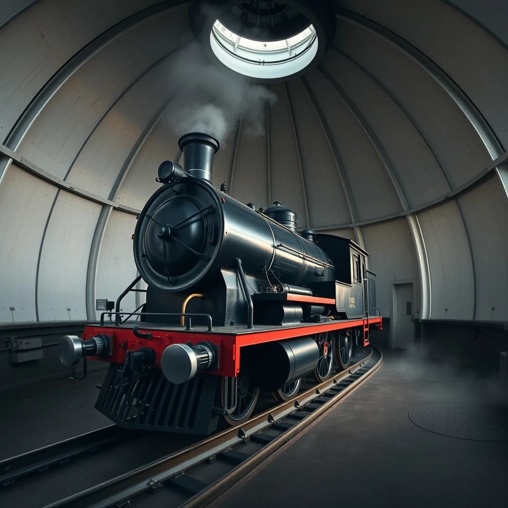 85mm f/2.8 full-length framing of a steam locomotive inside an observatory dome, side-lit, soft falloff at the edges, medium-format look