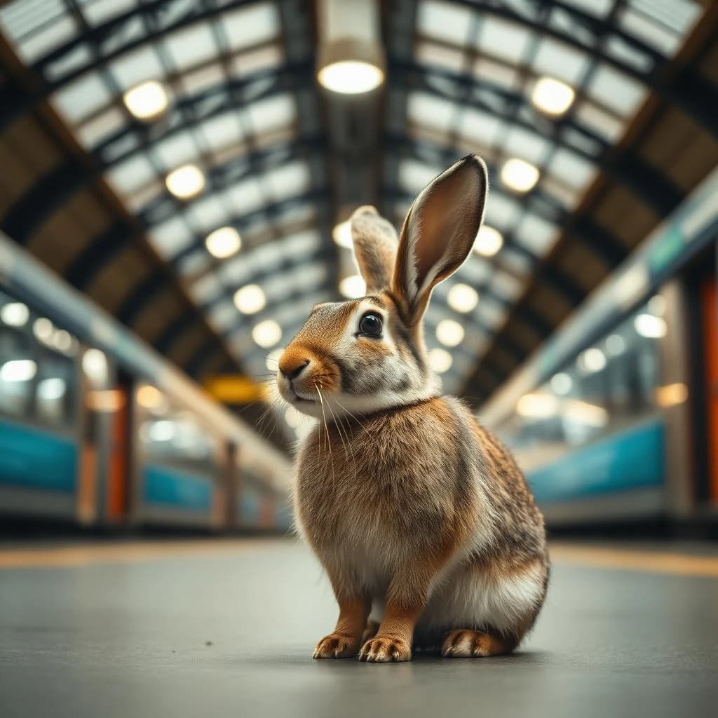 85mm f/1.8 profile framing of an arctic hare inside a train station hall, rim-lit, slight barrel distortion, medium-format look