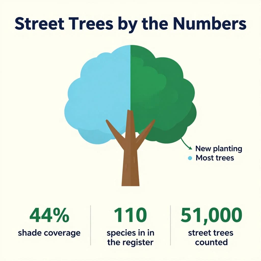 Flat infographic titled "Street Trees by the Numbers": at the center a labeled street-tree diagram, carrying two keyed regions, "New planting" shaded light blue and "Most trees" shaded dark green, beside a bottom row of three stat chips reading "44% shade coverage", "110 species in the register" and "51,000 street trees counted".