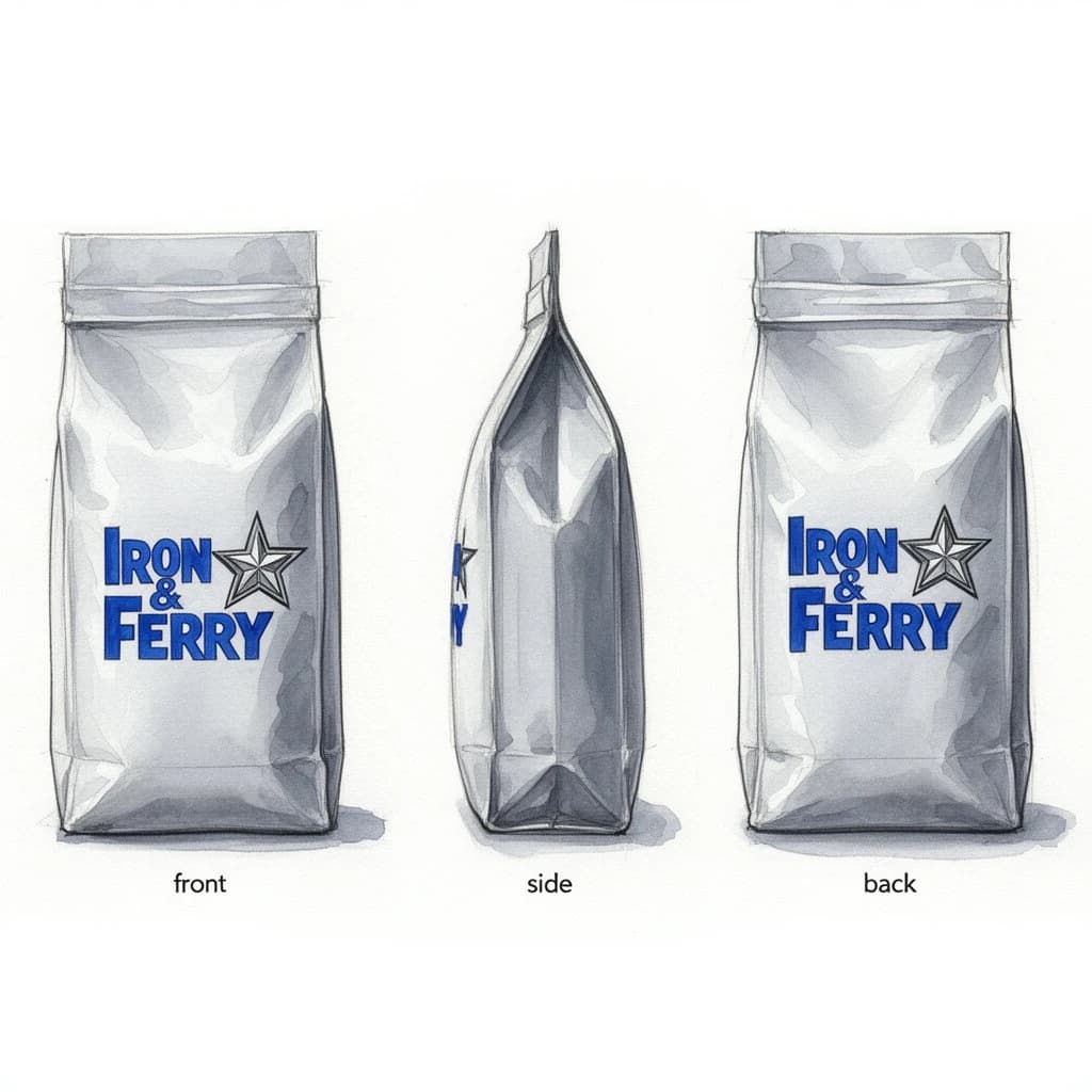 Watercolor of the same coffee bag drawn in three views, captioned "front", "side" and "back", every view carrying the wordmark "Iron & Ferry" with a five-point star outline beside it in the same blue-and-silver coloring, only the angle changing.