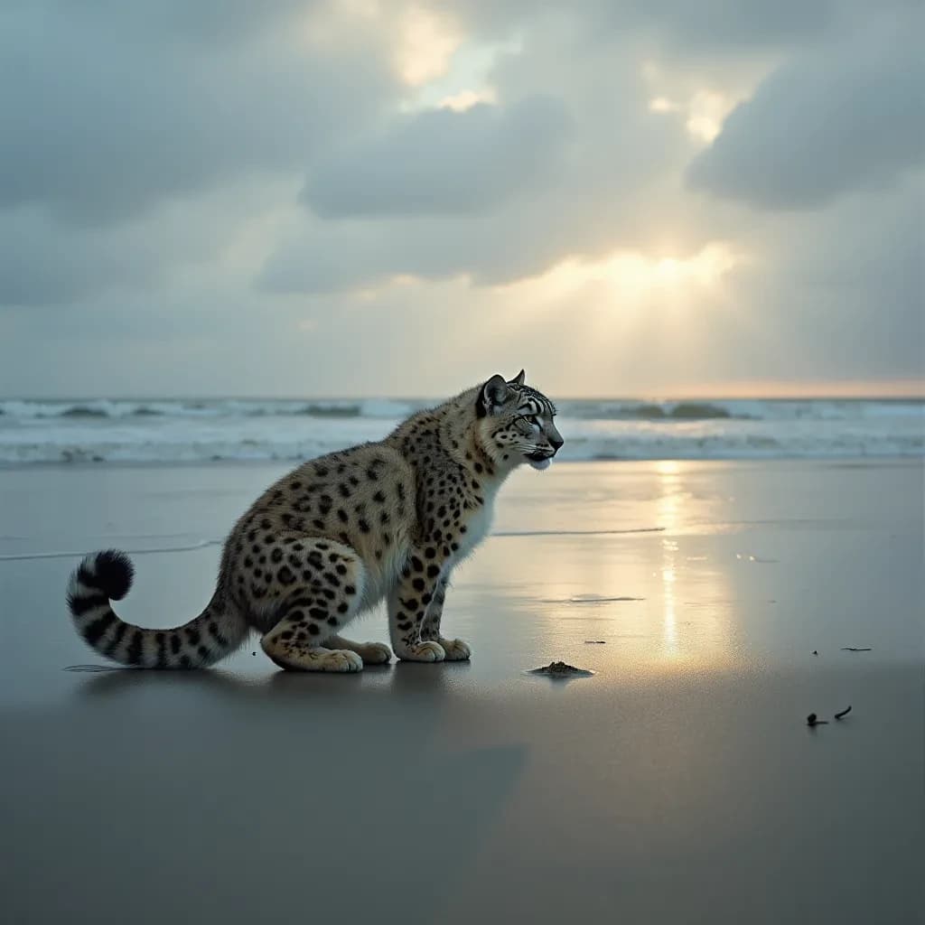 The pause when a snow leopard meets a low band of sun, on a windswept beach, under an overcast sky.