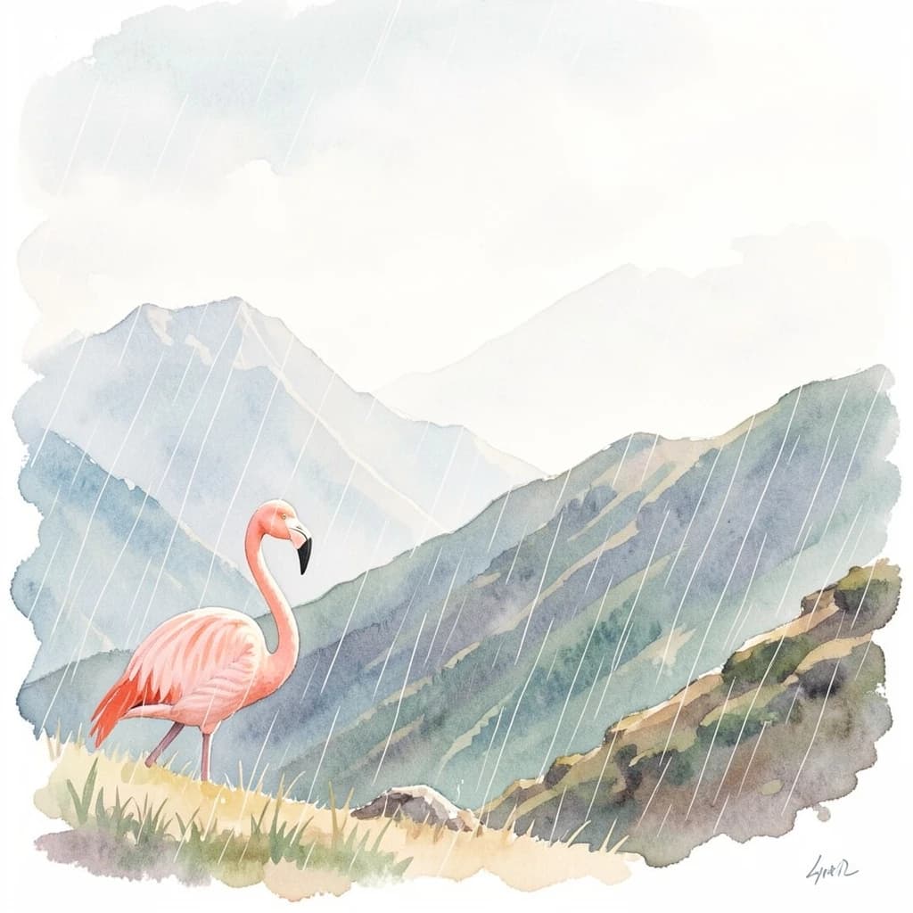 flamingo, mountain ridge, light rain, off-center framing with negative space, watercolor, soft edges