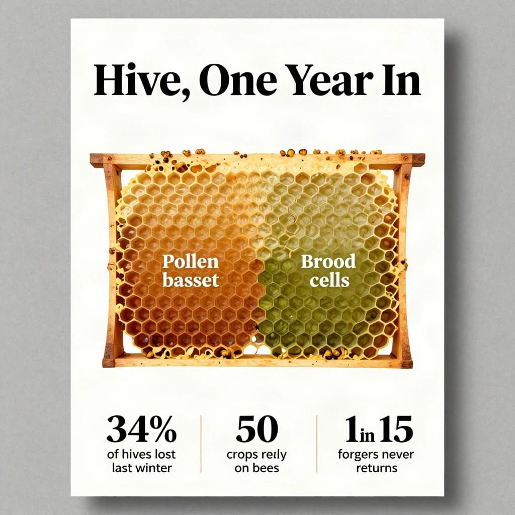 Printed poster titled "Hive, One Year In": at the center a cutaway of a hive frame, carrying two keyed regions, "Pollen basket" shaded amber and "Brood cells" shaded olive, beside a bottom row of three stat chips reading "34% of hives lost last winter", "50 crops rely on bees" and "1 in 15 foragers never returns".