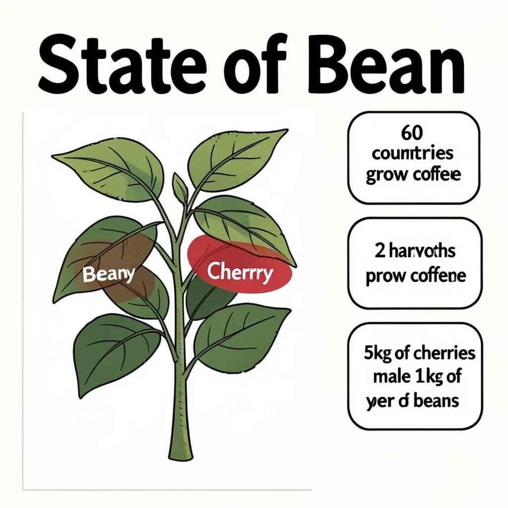 Printed poster titled "State of Bean": at the center a labeled coffee-plant diagram, carrying three keyed regions, "Bean" shaded brown, "Cherry" shaded red and "Leaf" shaded green, beside a right column of three stat chips reading "60 countries grow coffee", "5kg of cherries make 1kg of beans" and "2 harvests per year".