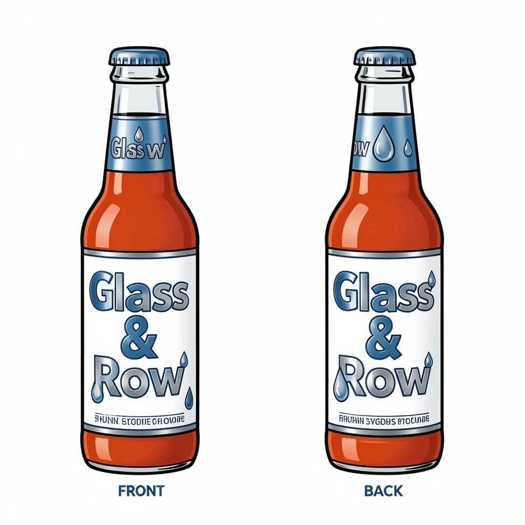 Printed poster of the same hot-sauce bottle drawn in two views, captioned "front" and "back", every view carrying the wordmark "Glass & Row" with a single droplet symbol beside it in the same blue-and-silver coloring, only the angle changing.