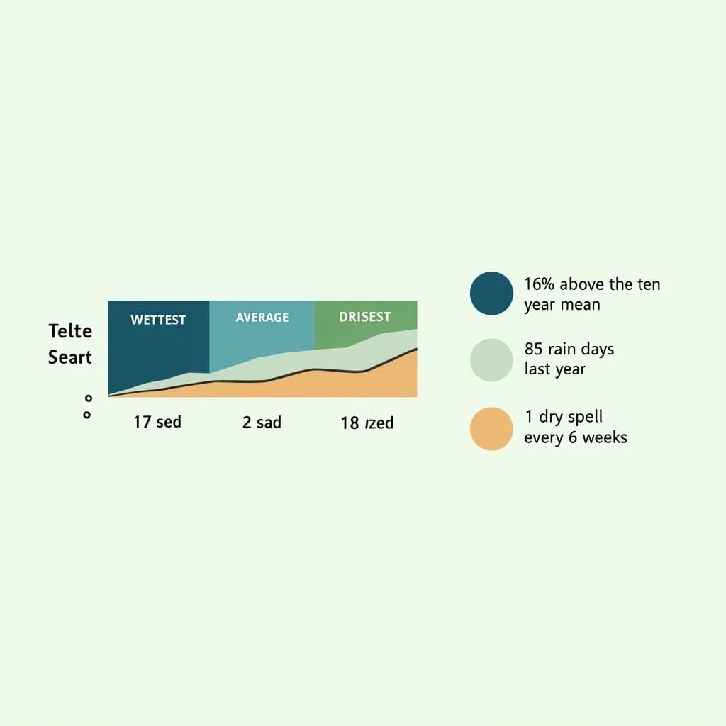 Flat vector illustration titled "Wet Season by the Numbers". A twelve-month rainfall timeline sits at the center, carrying three keyed regions, "Wettest" shaded dark blue, "Average" shaded pale green and "Driest" shaded sand. Three stat chips run down a right column, reading "16% above the ten-year mean", "85 rain days last year" and "1 dry spell every 6 weeks". Each key color matches the shading of the region it names.