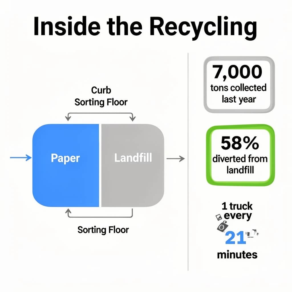 Flat infographic titled "Inside the Recycling": at the center a flow chart from curb to sorting floor, carrying two keyed regions, "Paper" shaded blue and "Landfill" shaded gray, beside a right column of three stat chips reading "7,000 tons collected last year", "58% diverted from landfill" and "1 truck every 21 minutes".