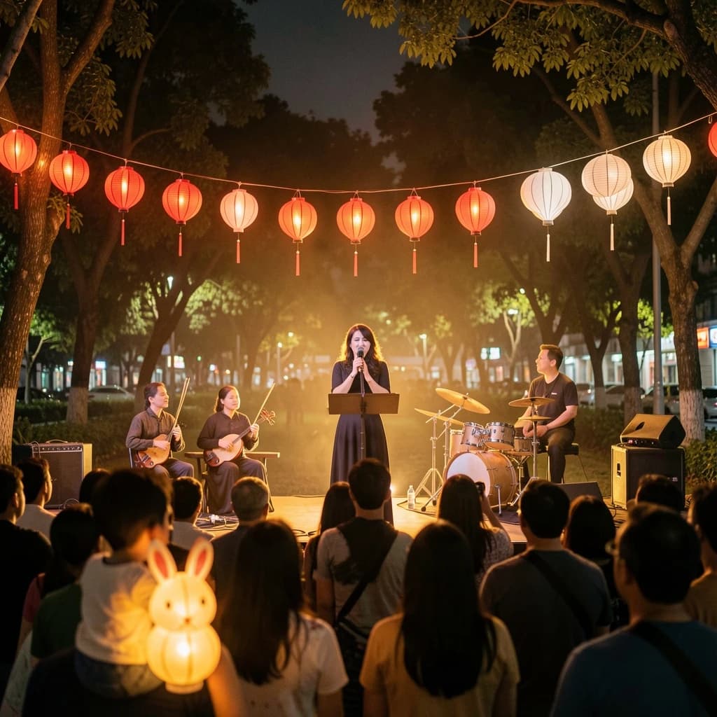 Concert photography, a Mid-Autumn Festival night in a Hong Kong park, shot from inside the crowd toward a low stage lit by warm floods. A singer at the centre microphone holds a note with both hands off the stand; on her left two erhu players sit side by side, on her right a single drummer stands. Eleven paper lanterns hang above the stage, the seven red ones strung in a line and the four white ones clustered at the right end. In the near foreground, out of focus, a child on a father's shoulders holds a rabbit lantern.
