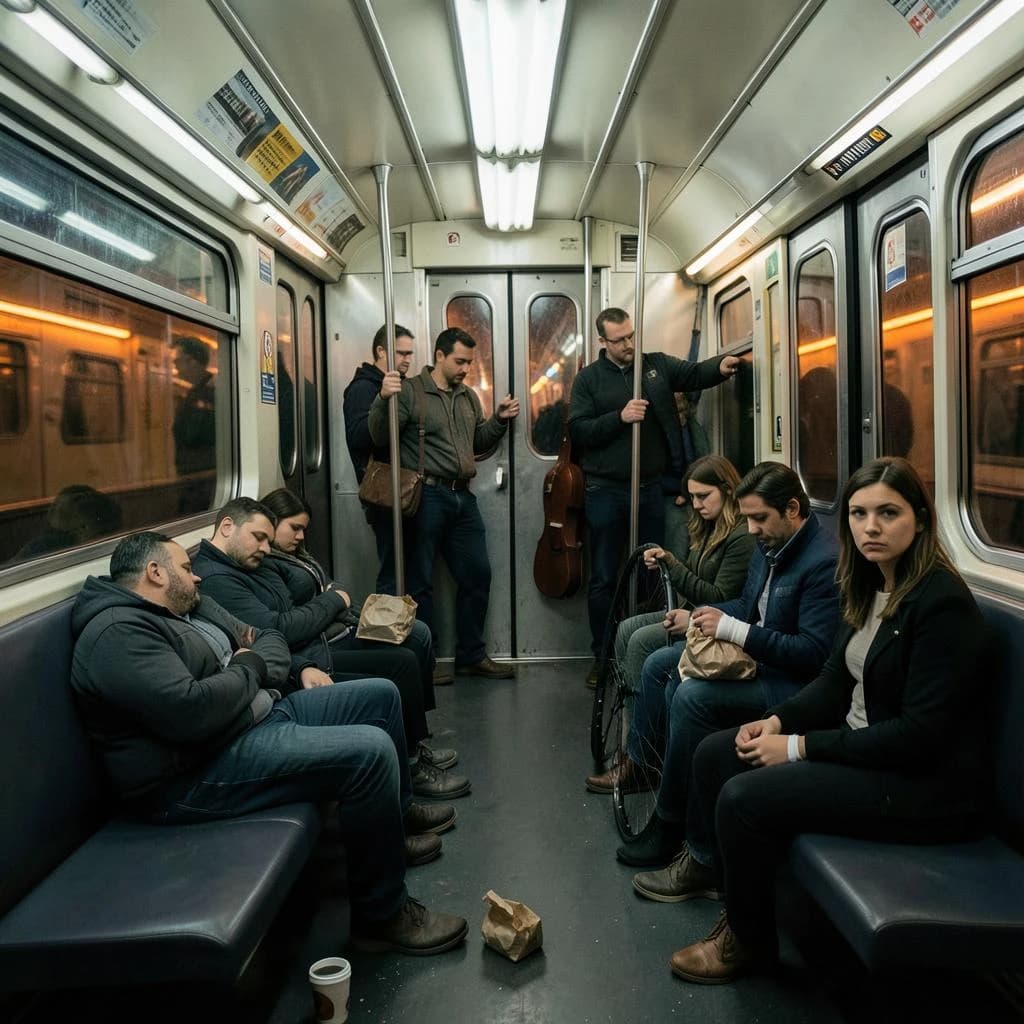 Cinematic photograph inside a late night subway car, handheld, lit only by flickering ceiling strips and orange platform light sliding past the windows. Nine passengers down the car: the three on the left bench all sleep with heads tipped at different angles, the four on the right bench are awake, one folding a paper bag, one holding a bike wheel upright between his knees, one wrapping her own wrist in tape, one staring straight into the lens. Two more stand at the far doors gripping the same pole with a violin case wedged between them. An empty seat beside the nearest sleeper, a coffee cup rolling under it.