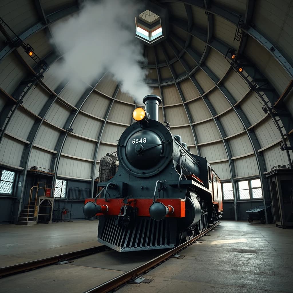 85mm f/2.8 full-length framing of a steam locomotive inside an observatory dome, side-lit, soft falloff at the edges, medium-format look