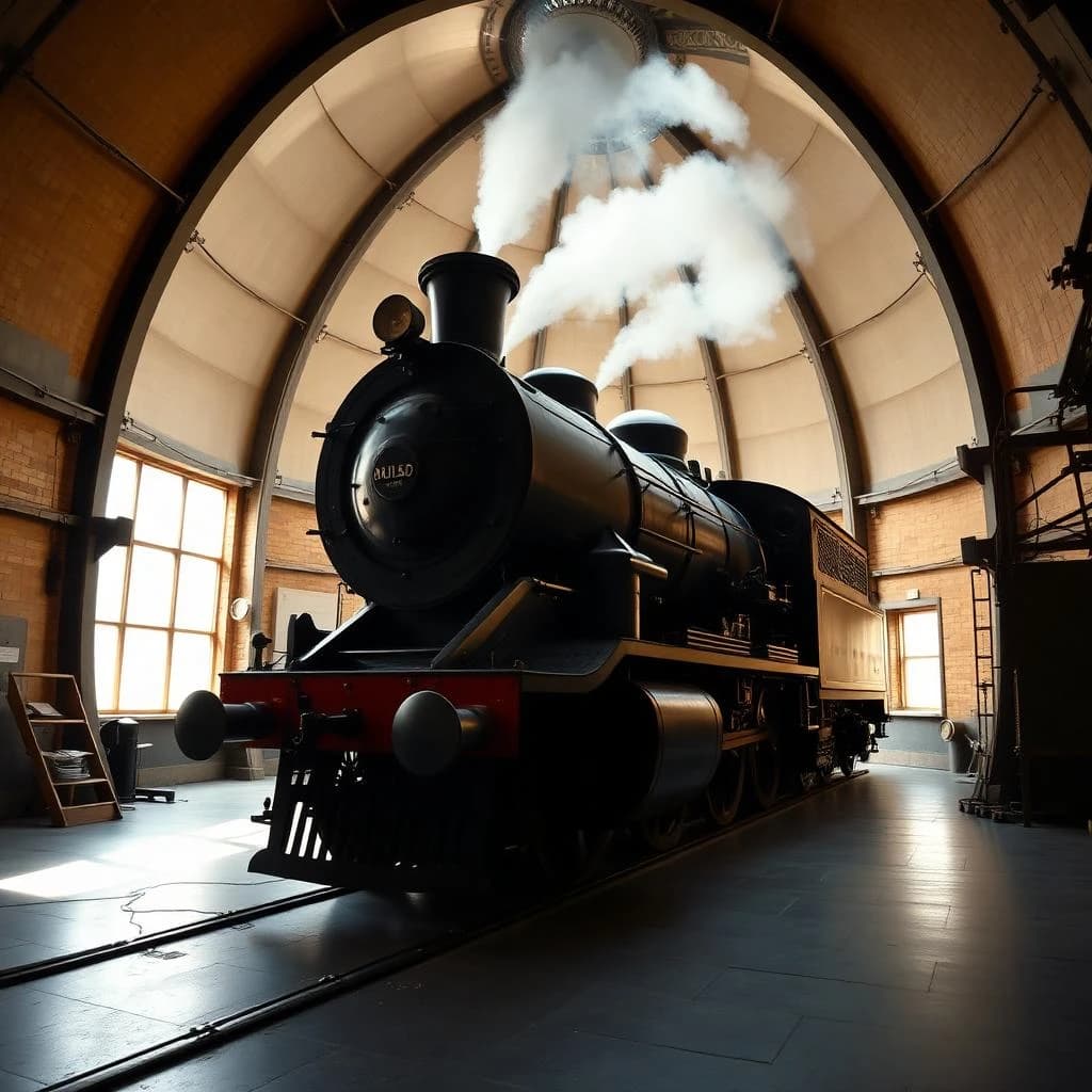 85mm f/2.8 full-length framing of a steam locomotive inside an observatory dome, side-lit, soft falloff at the edges, medium-format look