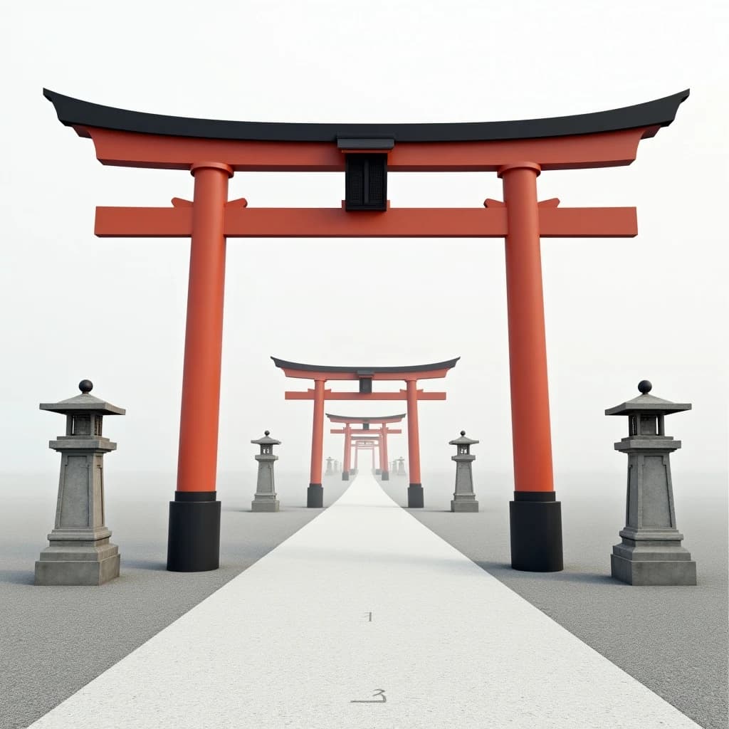 Architectural visualization of a shrine approach, soft daylight, matte grey and white presentation render. A straight gravel path runs from foreground to background under six torii gates set in a line, each gate shorter than the one before it. The four nearest gates are vermilion with black crossbeams; the two farthest are bare weathered timber. A pair of stone lanterns flanks the third gate only. Thin dimension lines mark each gate's clear width in metres, and a title block in the lower left corner reads "Approach Study, Gates 1 to 6".