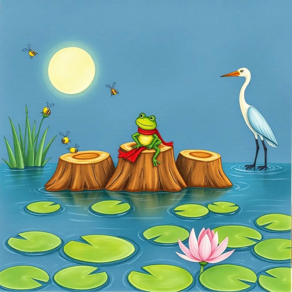 Story card in soft children's book illustration with crayon texture. A moonlit swamp with three cypress stumps in a row across the water. A small green frog in a red scarf sits on the middle stump. Two fireflies circle above his head while four more sit sleeping on the reeds to the left. A heron stands knee deep at the right edge, looking away from the frog. Nine lily pads float across the foreground, only one of them carrying a flower.