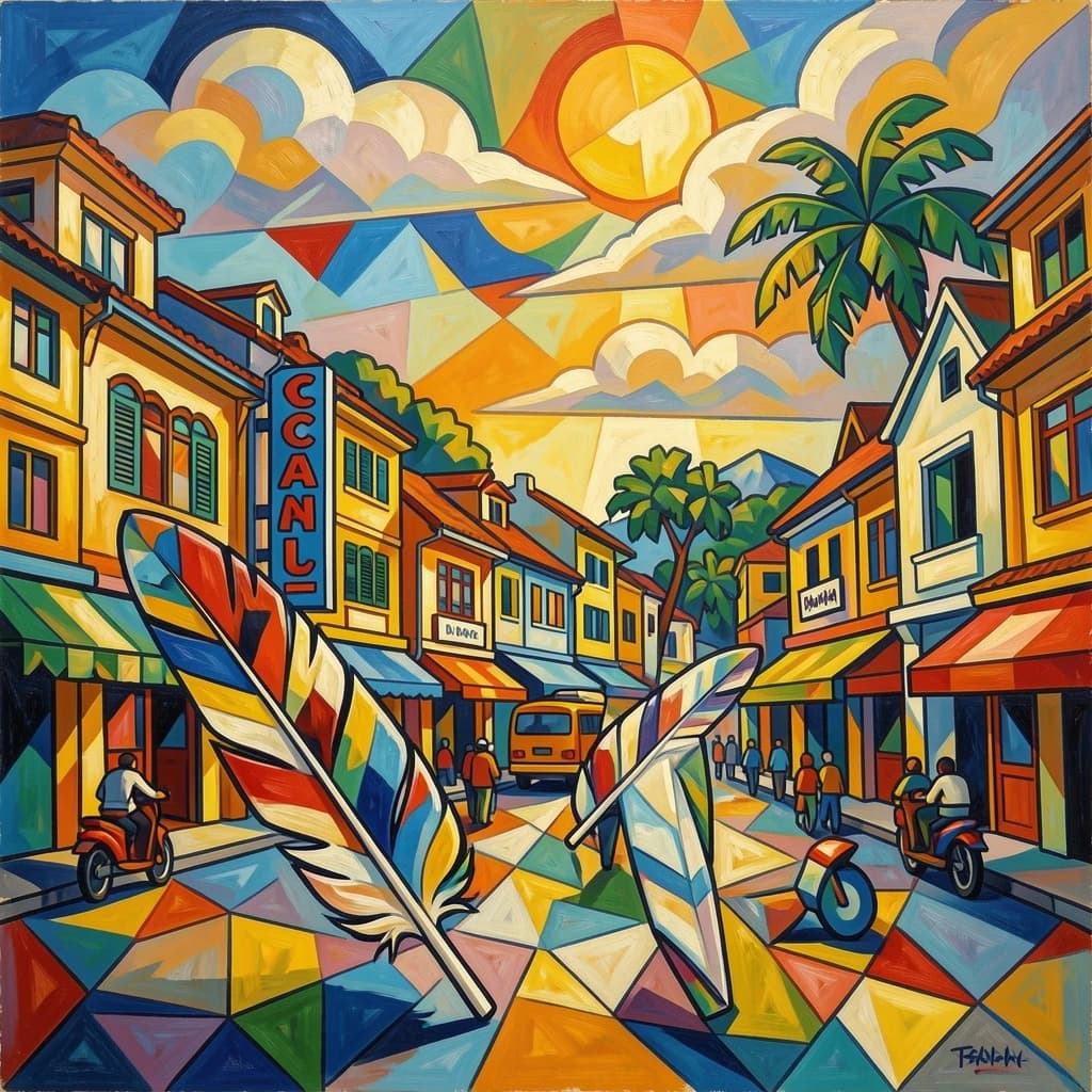Flight Feather and Catalufa in Hanoi, Vietnam in the style of cubist