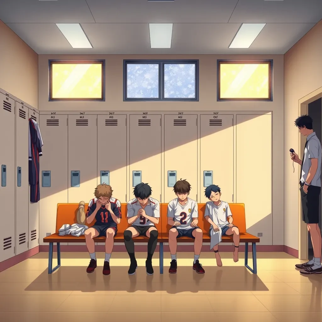 Modern anime interior for a high school volleyball series, wide view down a team locker room after practice. Eight lockers along the back wall in two banks of four, the three on the far left hanging open with jerseys spilling out and the rest shut. Four players occupy the foreground bench: the setter re-taping two fingers, the libero pulling on a knee sleeve, the captain reading a clipboard, and a first year asleep sitting upright with a towel over his face. A coach stands in the right doorway holding a whistle, half in shadow. Warm late-sun bars fall through high frosted windows, cel shading, clean bold linework.