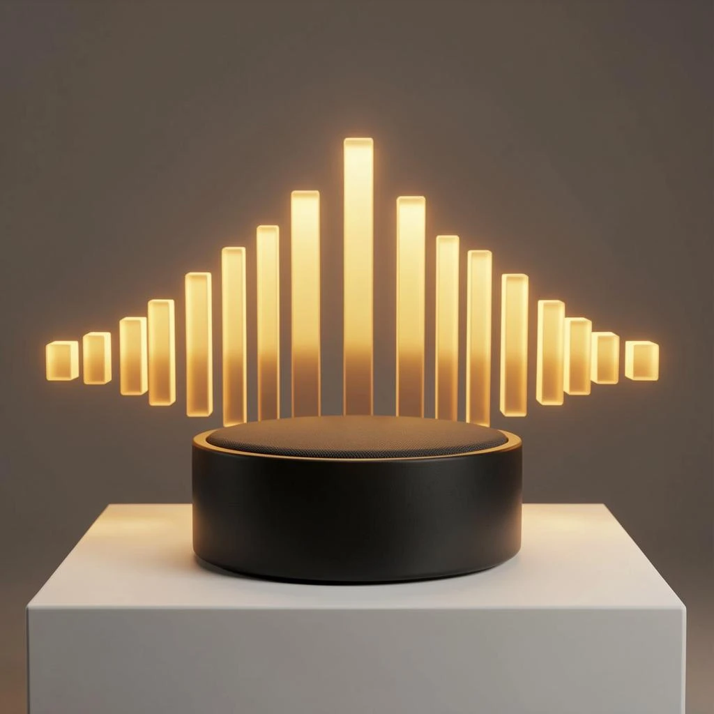 Cinematic 3D render of a matte black speaker puck on a white plinth, with a sound waveform behind it built from fourteen glowing amber bars in a gentle curve, the three tallest centred directly behind the puck and the bars shortening evenly toward both ends.