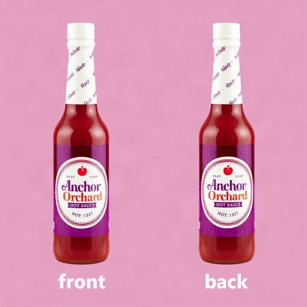 Printed poster: one hot-sauce bottle in two views. The views are captioned "front" and "back" in that order. The wordmark "Anchor Orchard" appears on every view. The purple-and-white coloring is the same across every view, and only the angle changes.