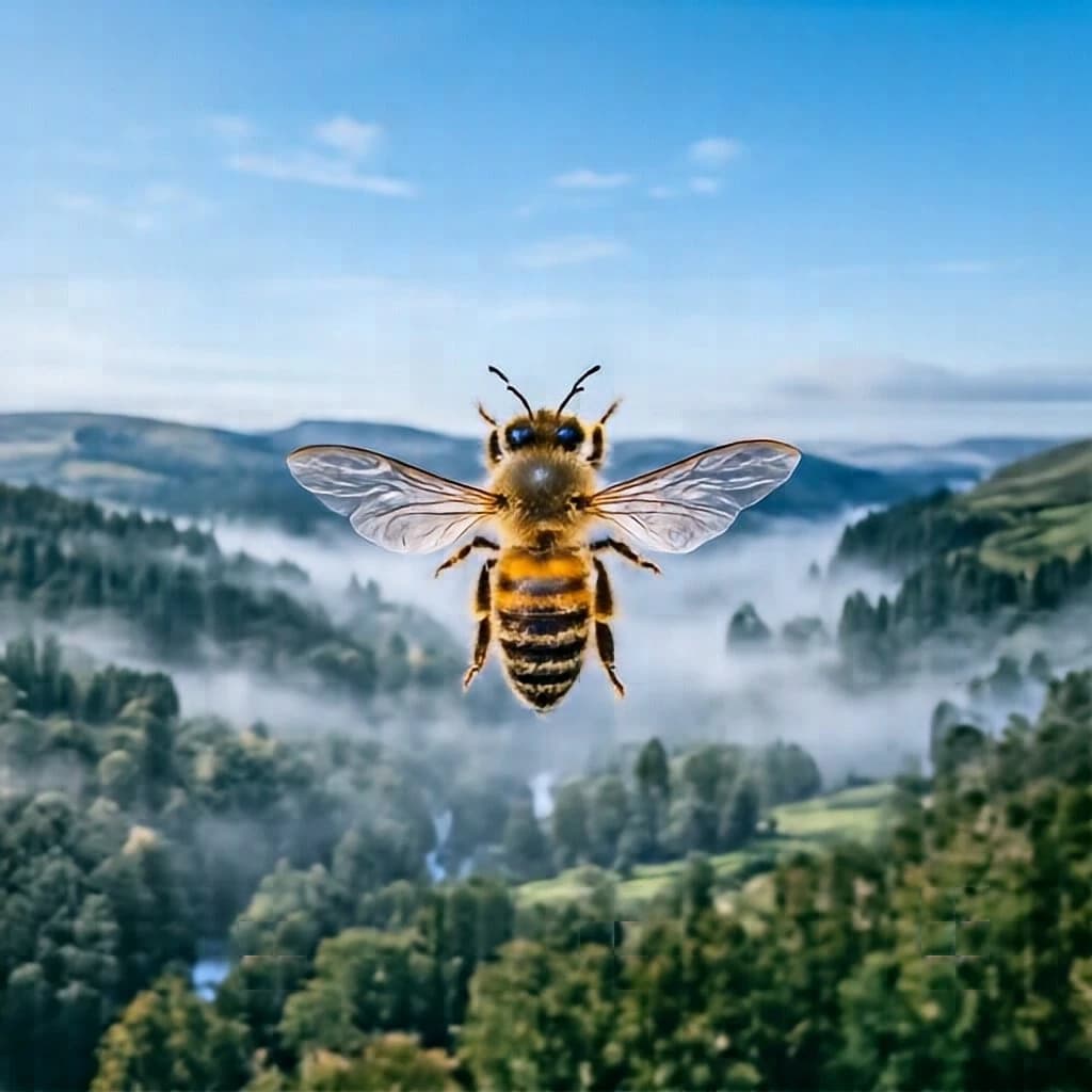 honeybee, misty valley, clear blue sky, overhead flat lay, photorealistic, balanced exposure