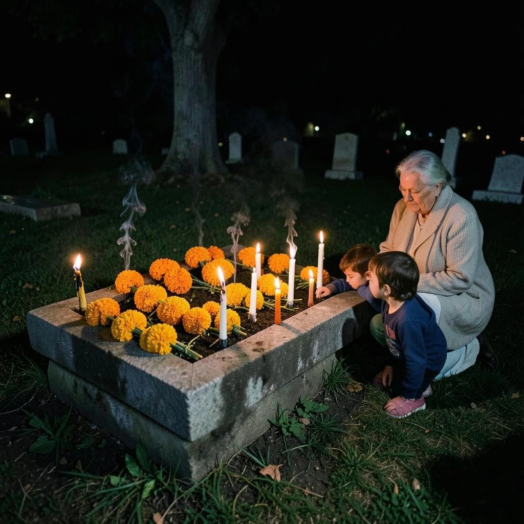 Photojournalism frame from a cemetery vigil at night: one grave slab carrying seven marigold garlands and nine lit candles, three of the candles guttered out and smoking, a grandmother and two children kneeling along the near edge.