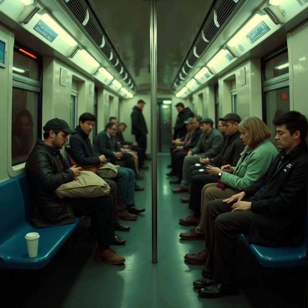 Cinematic photograph inside a late night subway car, handheld, lit only by flickering ceiling strips and orange platform light sliding past the windows. Nine passengers down the car: the three on the left bench all sleep with heads tipped at different angles, the four on the right bench are awake, one folding a paper bag, one holding a bike wheel upright between his knees, one wrapping her own wrist in tape, one staring straight into the lens. Two more stand at the far doors gripping the same pole with a violin case wedged between them. An empty seat beside the nearest sleeper, a coffee cup rolling under it.