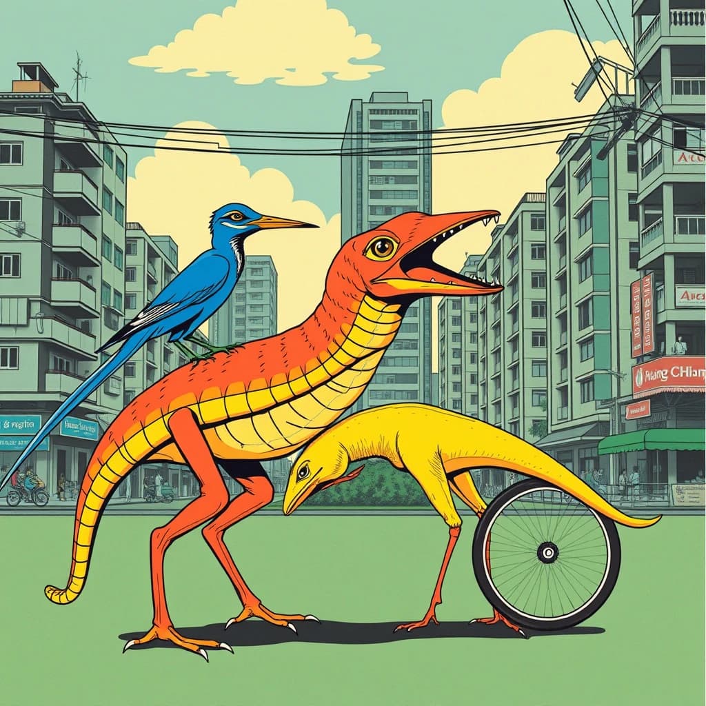 Crossopterygian and Blue Runner in Hanoi, Vietnam in the style of pop art