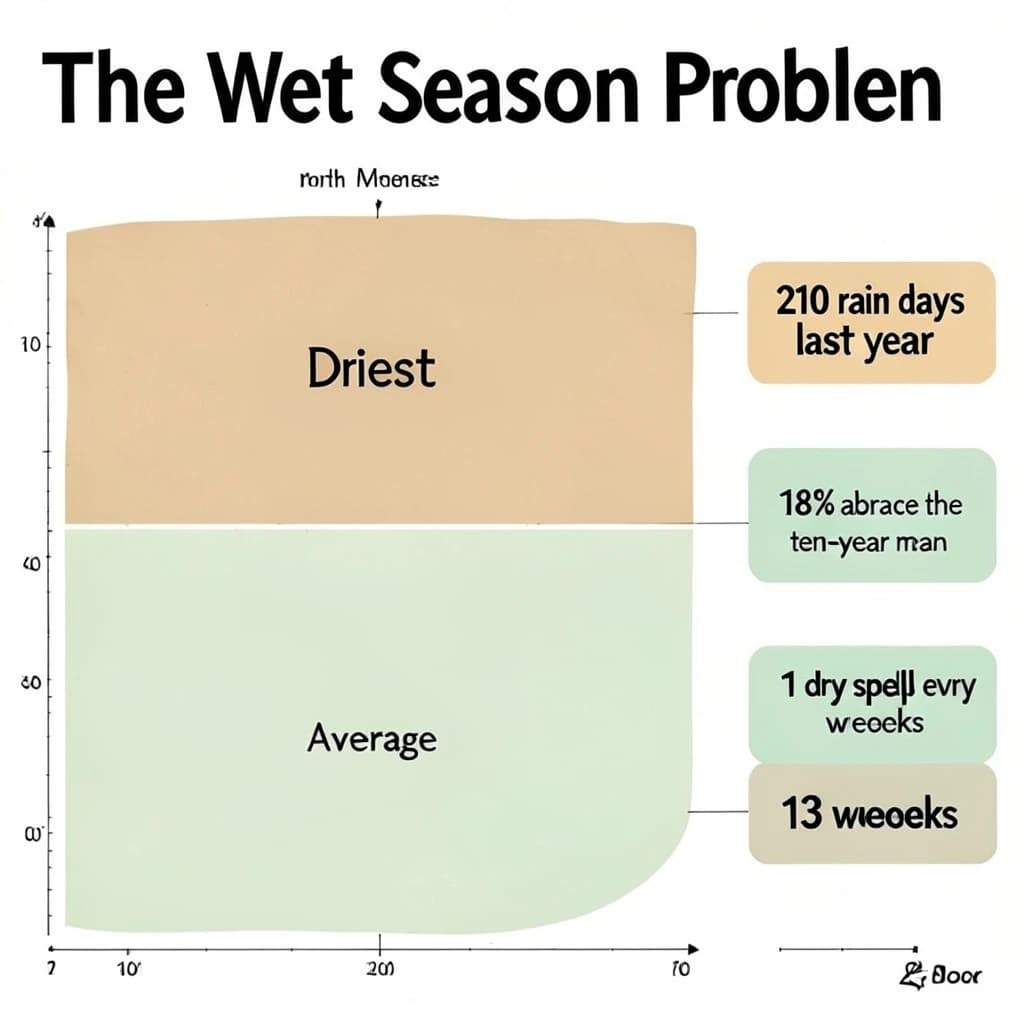 Printed poster titled "The Wet Season Problem". A twelve-month rainfall timeline sits at the center, carrying two keyed regions, "Driest" shaded sand and "Average" shaded pale green. Three stat chips run down a right column, reading "210 rain days last year", "18% above the ten-year mean" and "1 dry spell every 13 weeks". Each key color matches the shading of the region it names.