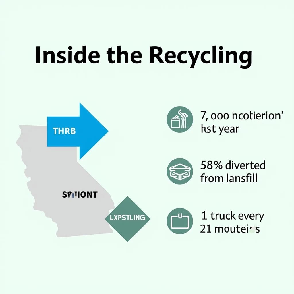 Flat infographic titled "Inside the Recycling": at the center a flow chart from curb to sorting floor, carrying two keyed regions, "Paper" shaded blue and "Landfill" shaded gray, beside a right column of three stat chips reading "7,000 tons collected last year", "58% diverted from landfill" and "1 truck every 21 minutes".