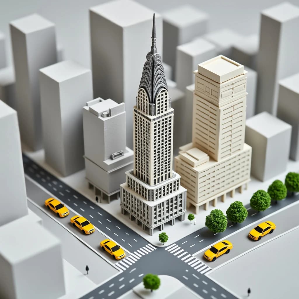 Tilt shift photograph of a hand built architectural scale model of a Midtown Manhattan block, studio lit from the upper left.
The Chrysler Building stands on the corner in polished silver card with its stepped crown and triangular windows. Directly across the street sits a proposed cream limestone tower, two floors shorter, topped by a stepped roof garden. Between them four smaller grey massing blocks in plain foam. Six tiny yellow cabs on the avenue, three stopped at the crossing and three queued behind, with a line of green model trees down the median.