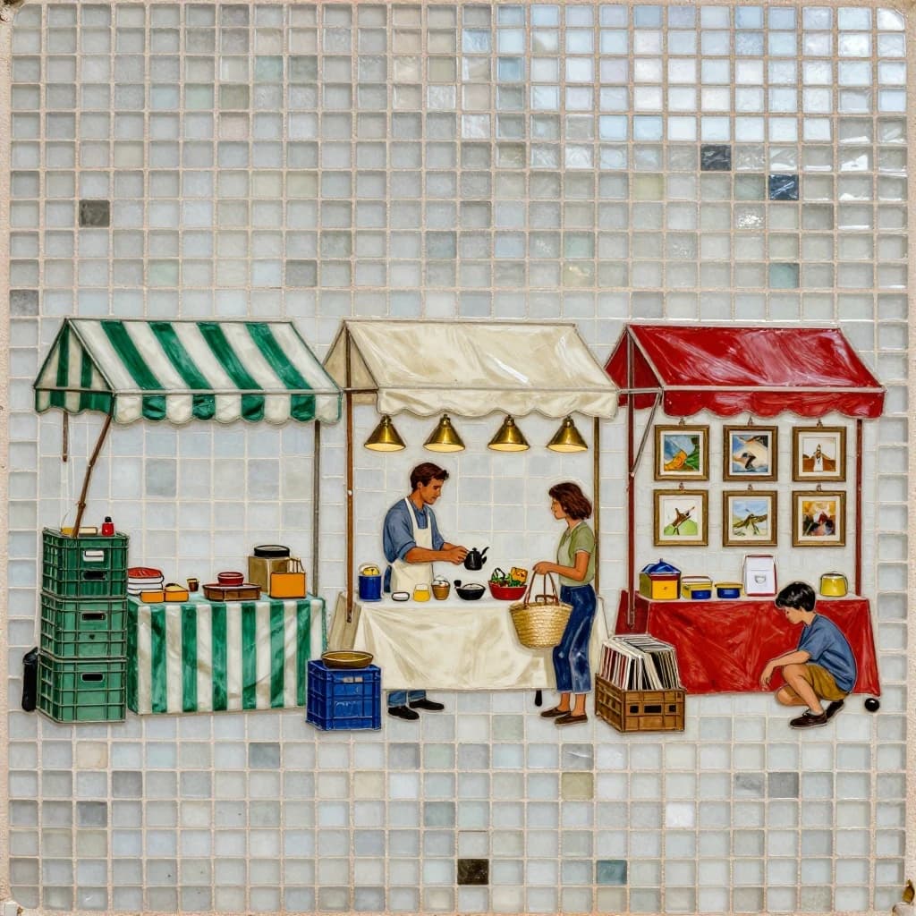 Glass tile mosaic of a Sunday flea market seen from a slightly raised angle, small square tesserae and warm terracotta grout. Three stall awnings in a row: the left one striped green and white over stacked vinyl crates, the middle plain canvas over six brass lamps with only the two tallest wearing shades, the right red awning hung with nine framed pictures in three rows of three. Under the middle awning a vendor in an apron hands a teapot across the table to a woman holding a straw basket, while a boy crouches at her feet by a crate of records. No lettering anywhere.