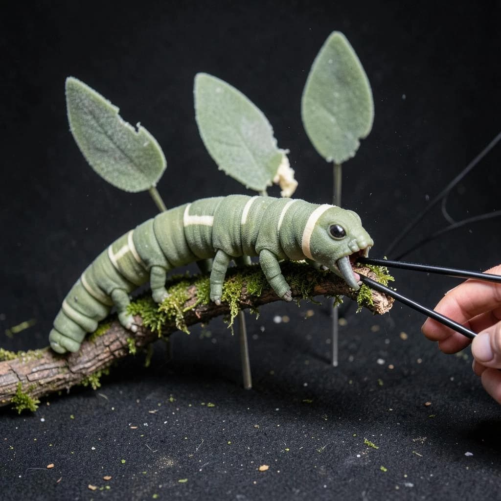 Macro photography of a practical effects test on a soundstage floor. A metre-long animatronic caterpillar puppet, dull green with a cream stripe, arched over a moss-covered branch: eight pairs of stubby legs, the front three pairs gripping the branch, the rest hanging free. Two thin black rods run out of frame to the right where a puppeteer's hands are just visible, and a third rod supports the head, which is turned toward camera with its mandibles open. Behind it, three sprayed foam leaves on stands, the middle one already chewed through. Hard key from above, black felt background, dust in the air.